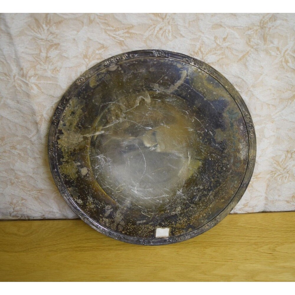 Silver Plated 11 inch Footed Pedestal Platter Rose Flower Trim Patina Tarnished